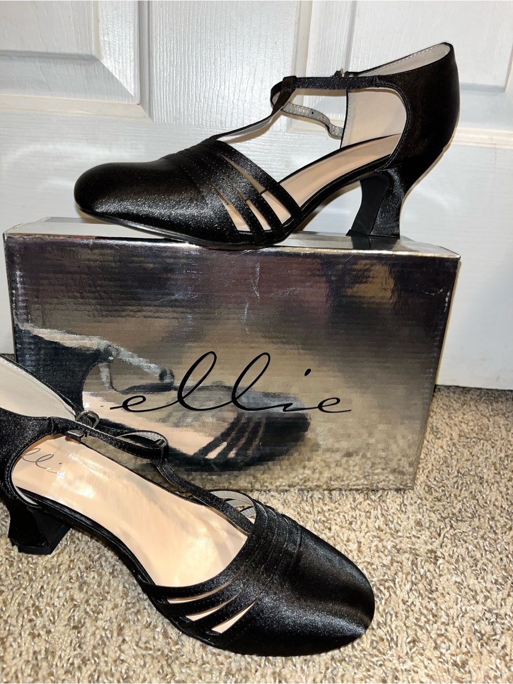 Ellie Black Satin T-Strap Low Heel Evening Pumps